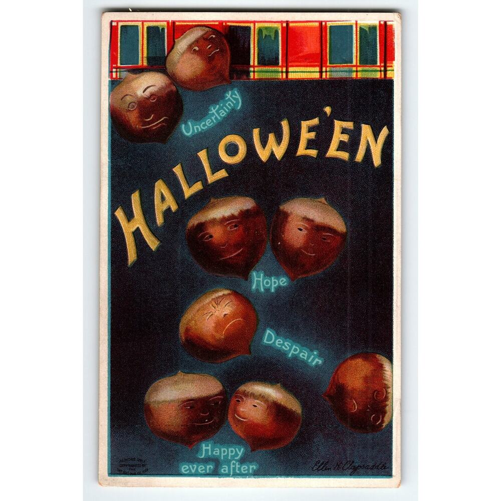 Vintage Ellen Clapsaddle 1907 Halloween Lithograph Postcard with Chestnut Faces